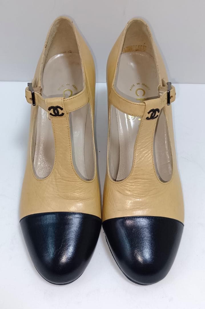 【リペア済】シャネル 23.5cm パンプス ココマーク バイカラー ストラップ