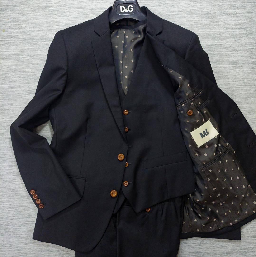 【極美品】MB スリーピーススーツ 黒 ブラック ウール100 日本製 裏地星柄 MIYUKI TOPネイビーシャドーグレンチェックスリーピーススーツ（スーツ