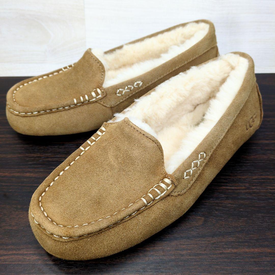 UGG 25.0cm ブラウン スエード モカシン ボア 秋冬 S557