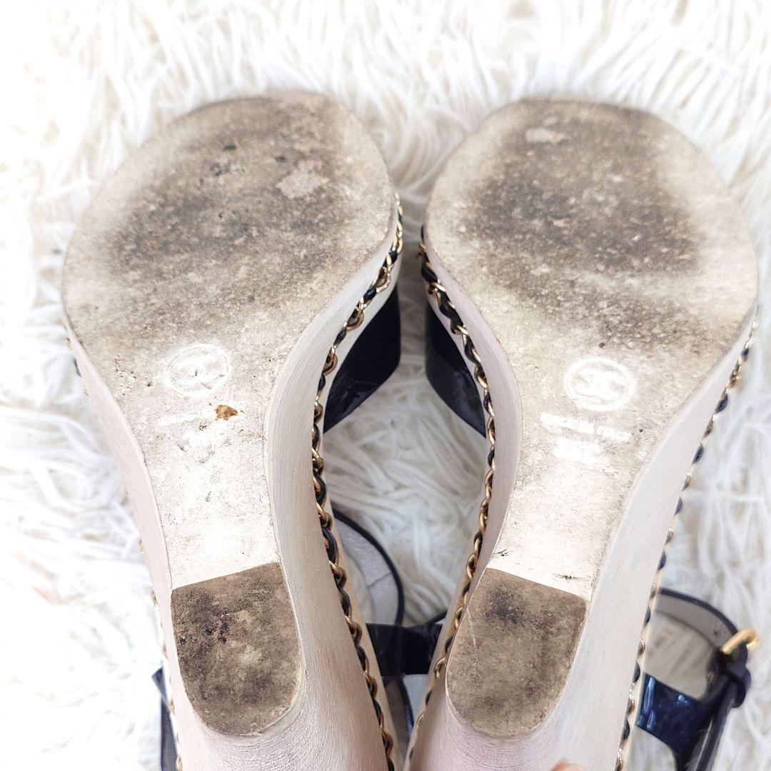 シャネル ミュール チェーン ココマーク ウッドソール 36c エナメル