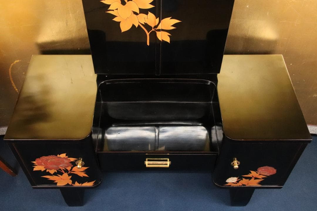 枝垂れ桜様専用、高級輪島塗 黒漆塗り 芍薬蒔絵 台 ドレッサ 三面鏡