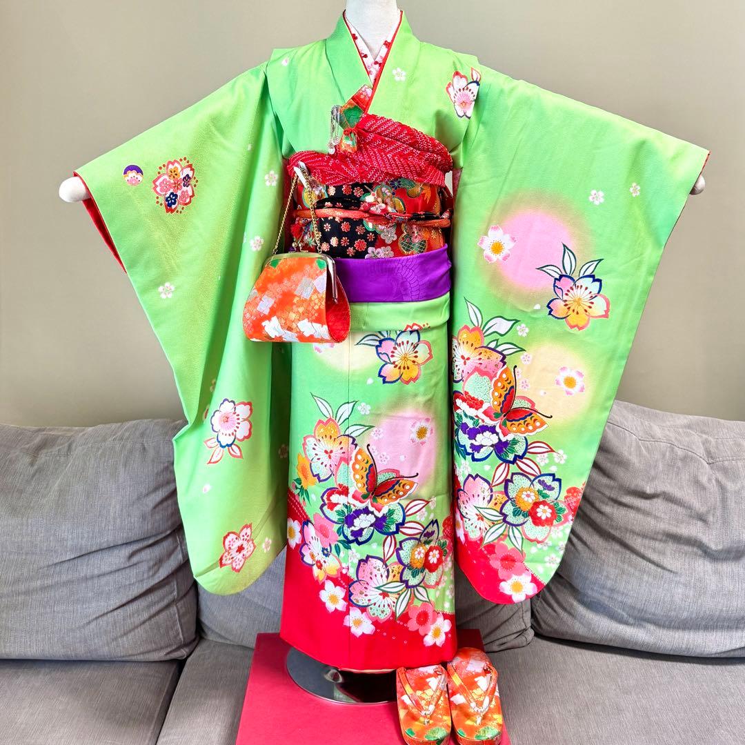 7歳七五三セット　着物草履バッグ付き　黄緑系① 七五三 はこせこセット 7歳 バッグ 草履21cm 箱迫 丸ぐけ 扇子
