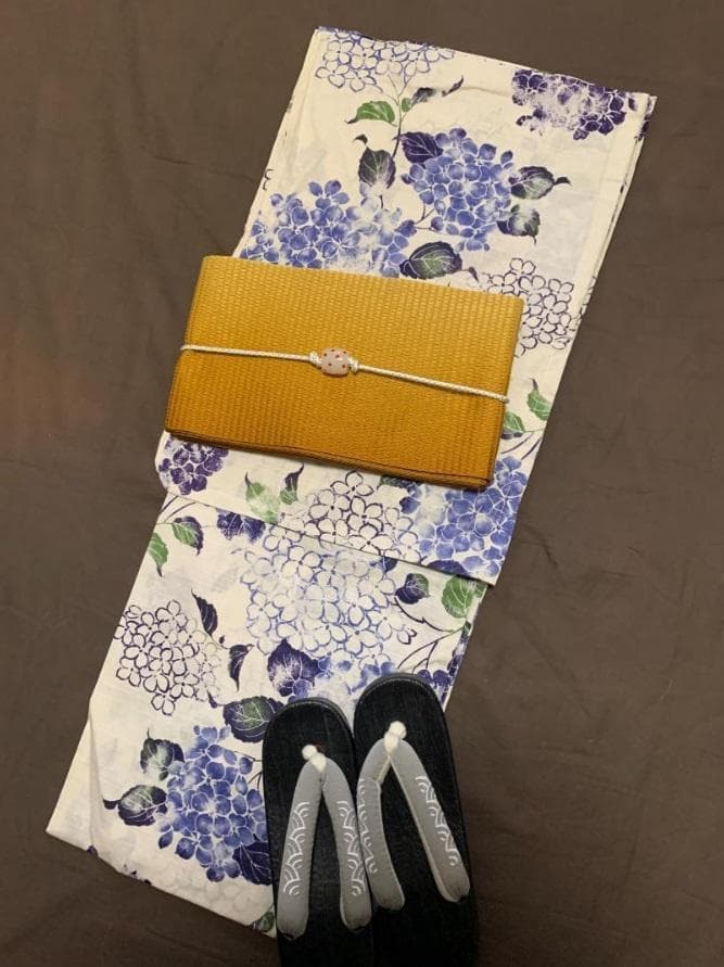 おまかせ下駄＋おまかせ黄色系の兵児帯つき◆◆高級変わり織◆涼し蒼紫陽花 セパレート 浴衣 兵児帯 桐下駄 3点セット 7柄 白 黒 青 黄 紫陽花 椿