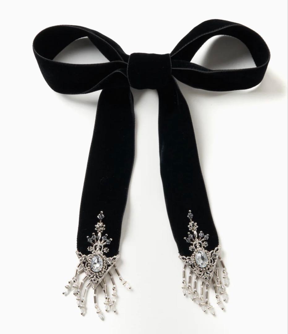 ヘアアクセサリー crystal silver tip velvet long ribbon crystal silver tip velvet long ribbon(FREE BLACK): tanakadaisuke