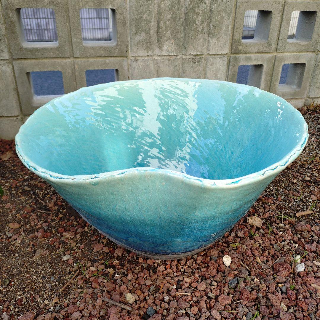 信楽焼 手作りめだか鉢 水連鉢 ビオトープ 直径50〜52㌢ - 水槽新 モデル