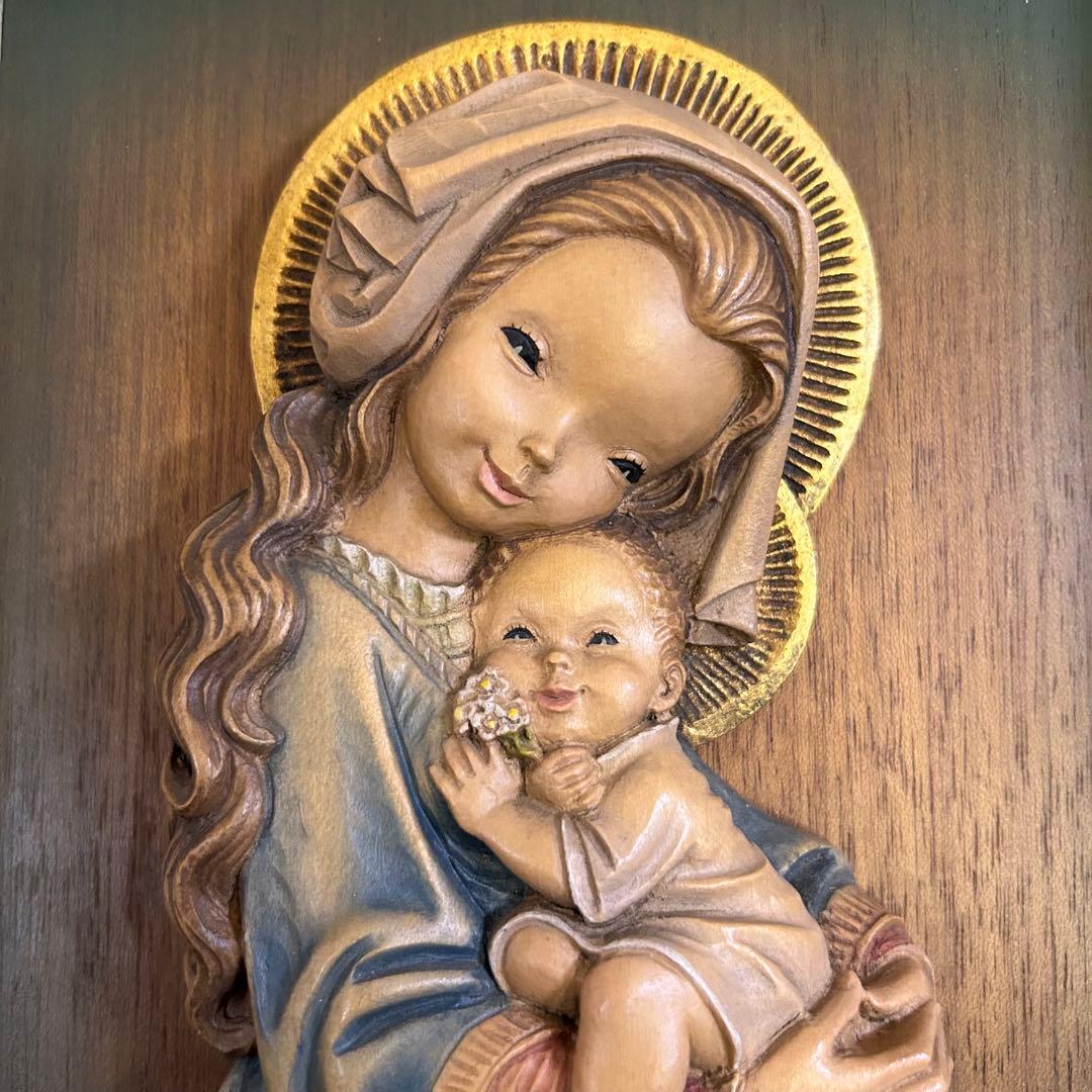 希少【ANRI 聖母子像】アンリ 壁掛け フェランディス 総木彫り 彫刻師