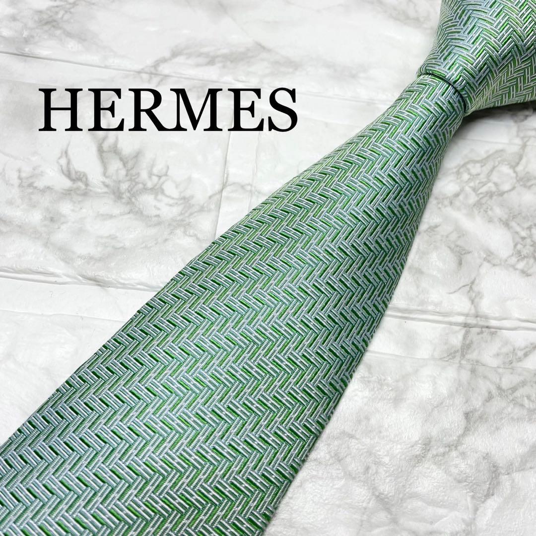 エルメス　HERMES ネクタイ　H織　ファソネ　グリーン　スーツ　シャツ HERMES エルメス ネクタイ ミントグリーン H織りタイ ファソネH H柄