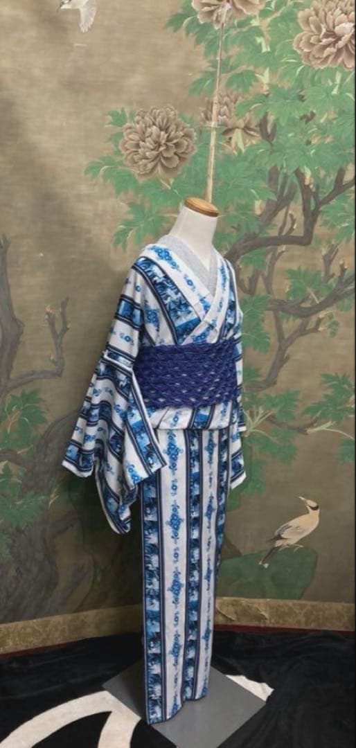 人とかぶりませんセオα アニメマリンブルーストライプ　浴衣　おまかせ帯プレゼント セオα夏着物・浴衣（文鳥/ブルー） SAK-SK43101b | さく研究所