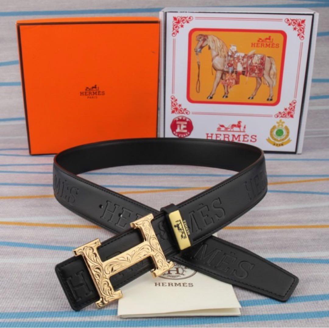 ♡HERMES ブラック レザーベルトHバックルゴールド金具 型押しロゴ箱