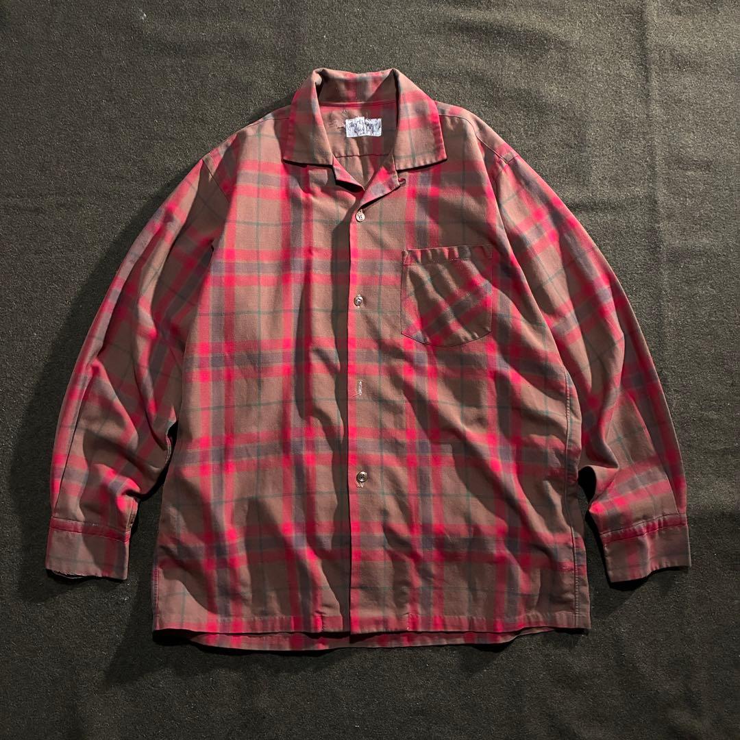 60s-70s Vintage チェック　開襟ボックスシャツ　L相当 古着 70s VINTAGE ヴィンテージ レーヨンシャツ check 開襟 ボックス