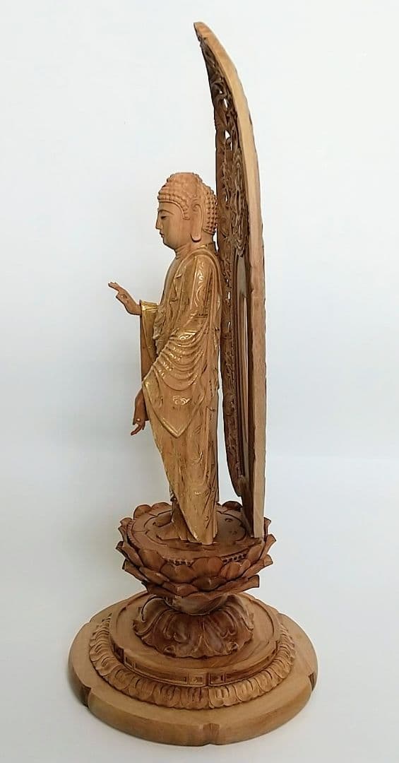 阿弥陀如来立像 4.5寸 #457 台座 宝相華唐草 透彫り◇白檀 木彫