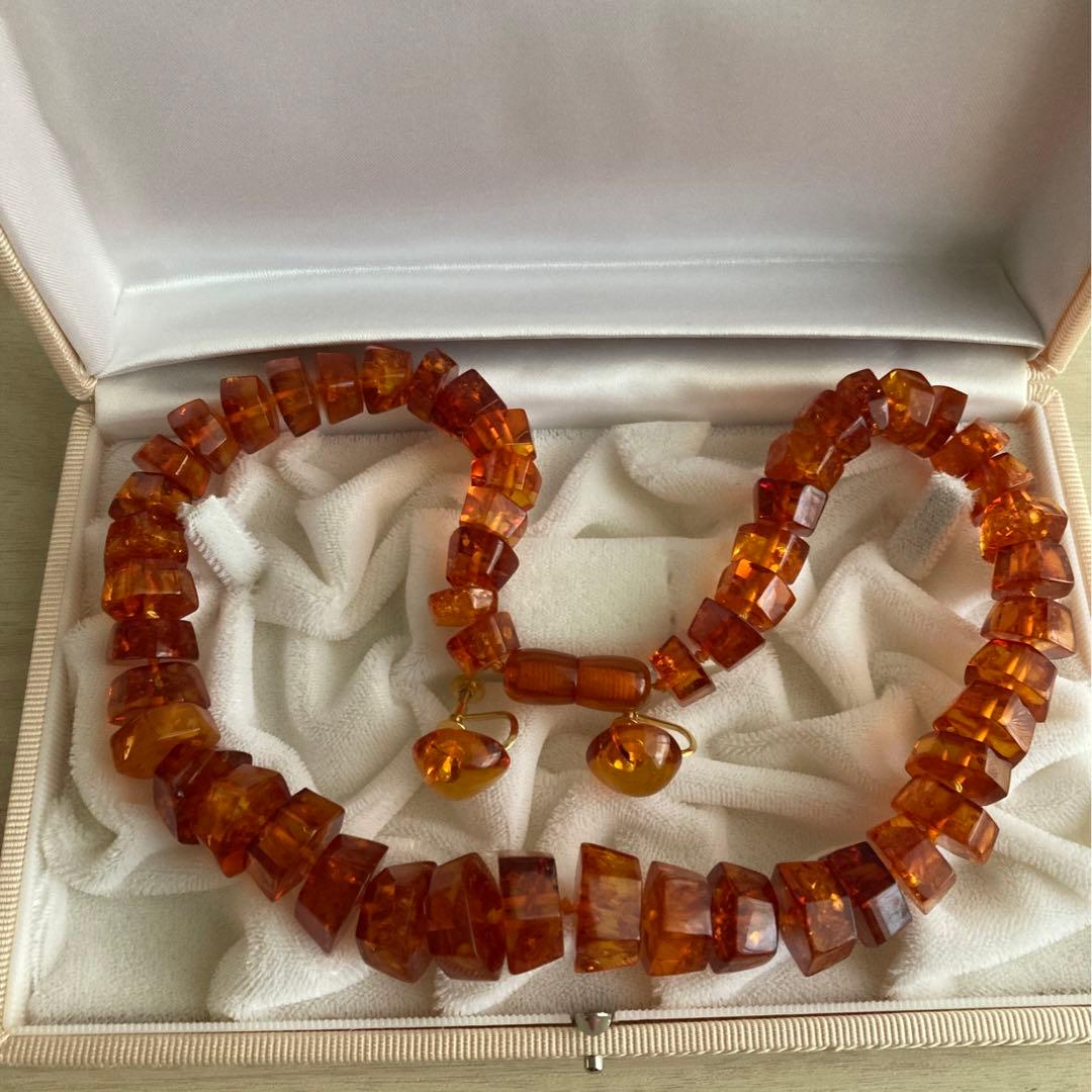 琥珀 ネックレス イヤリング セット 天然素材 コハク アンバー 美品 SV