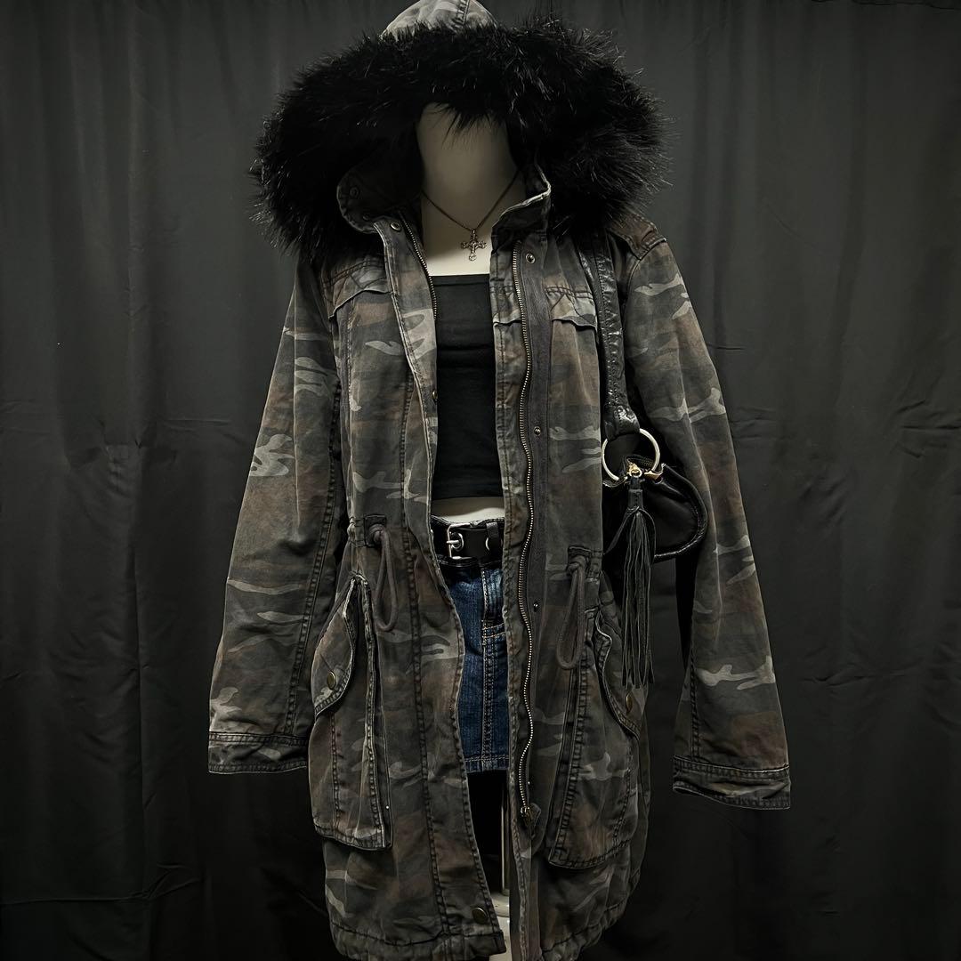 ダークコア 平成ギャル y2k ファー付き モッズコート 迷彩 グランジ