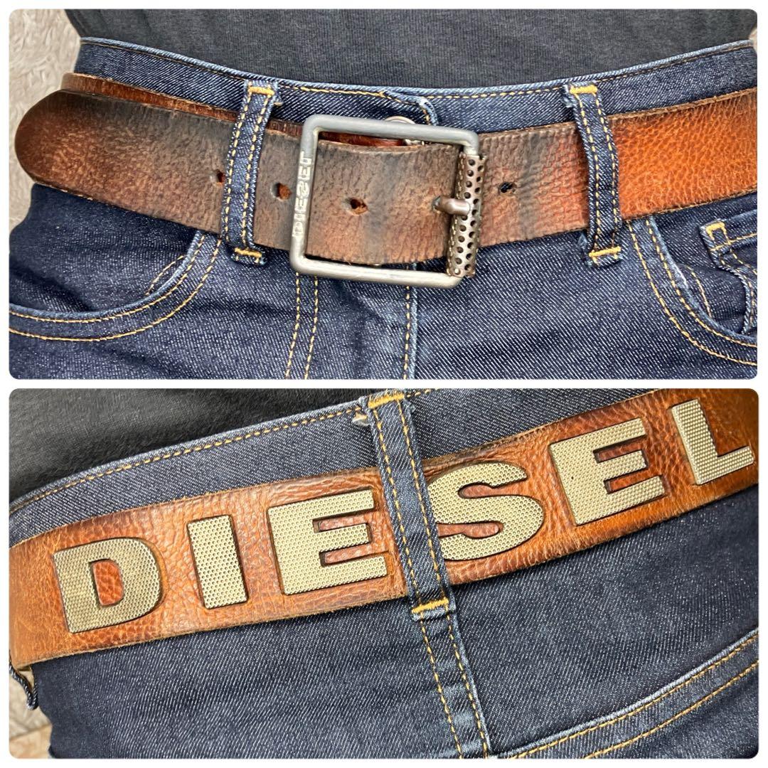 DIESEL ディーゼル レザー ベルト ブラウン メタルロゴ - メルカリ