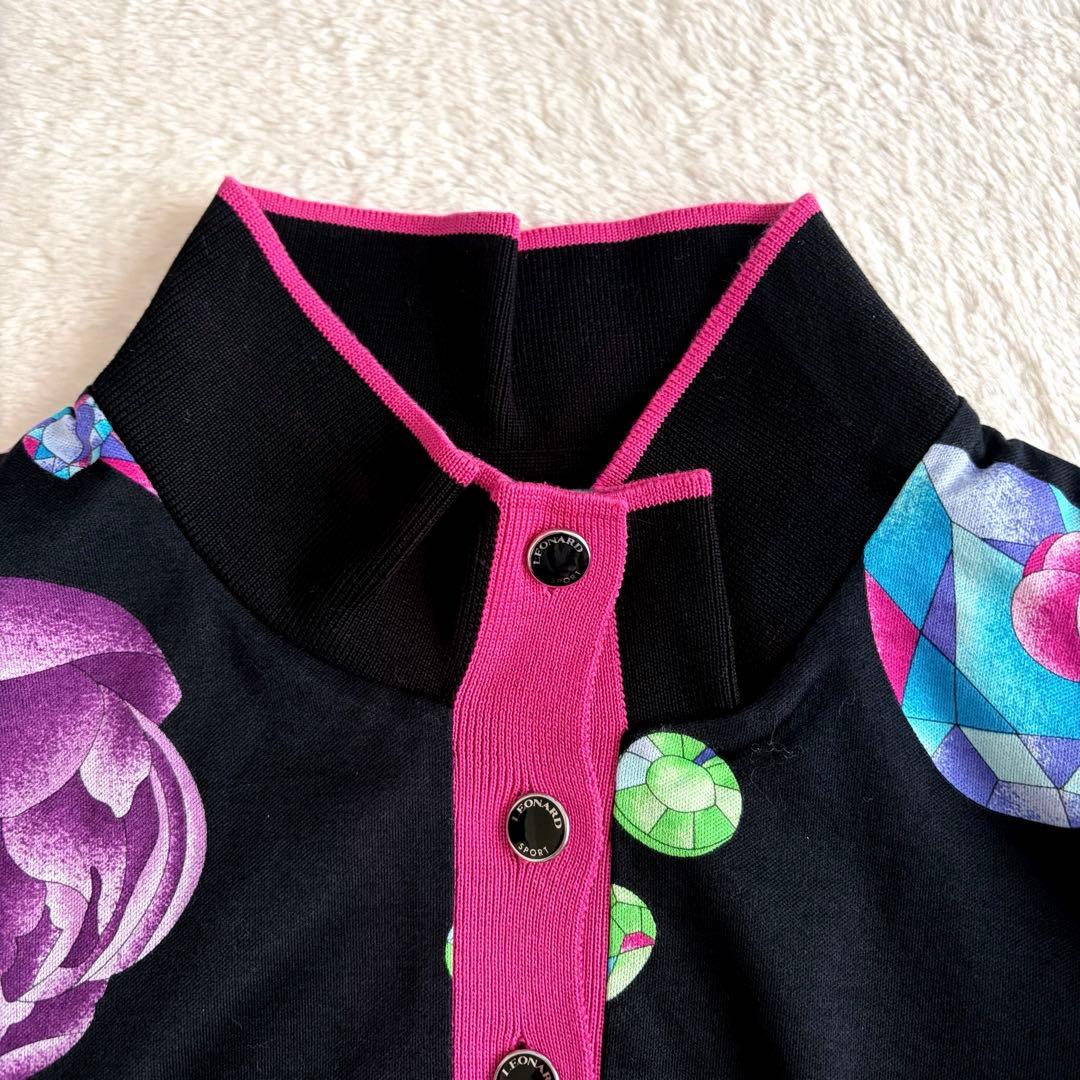 大きいサイズ44✨未使用級レオナール 宝石×花トップス トリム ロゴ