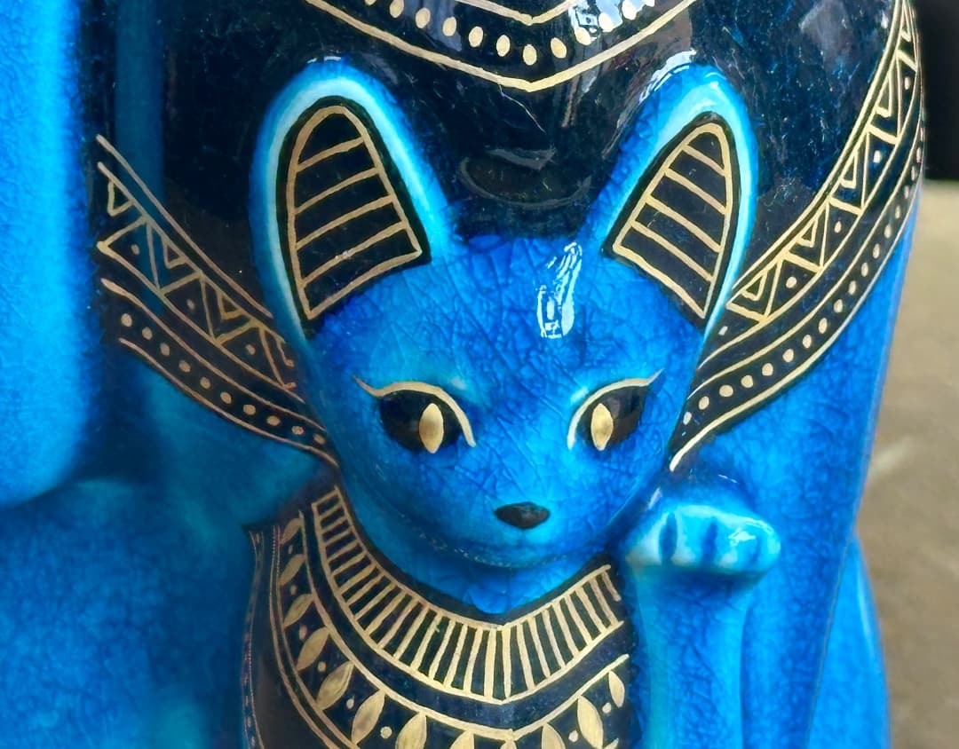 再値下げ 新品 青釉 オーナメント バステト 青釉金彩 親子 古代