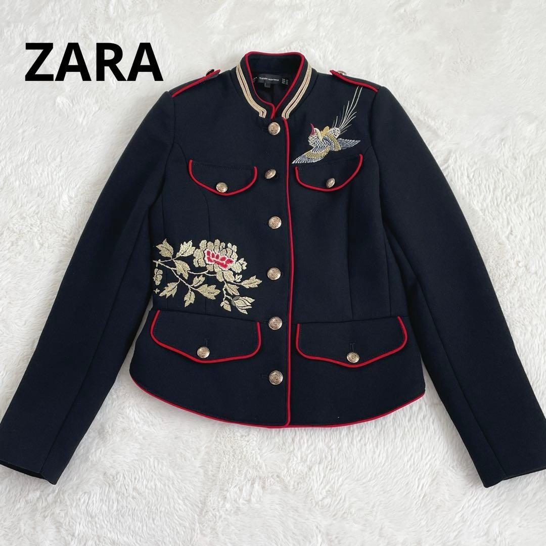 ZARA ナポレオンジャケット 和柄 金ボタン ブラック 刺繍 フラワー