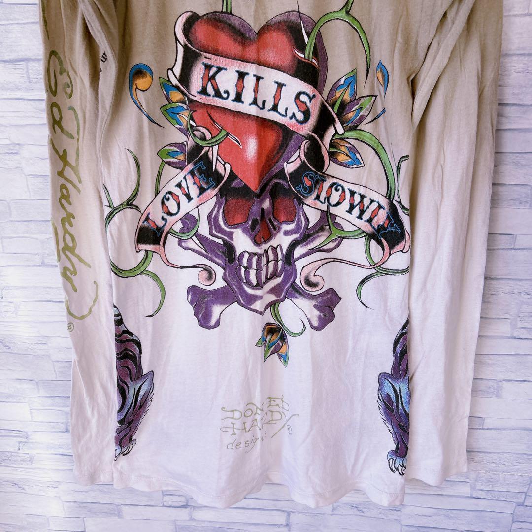 Y2K グランジ エドハーディー スカル ハート薔薇 ロンT ピチT カーキ