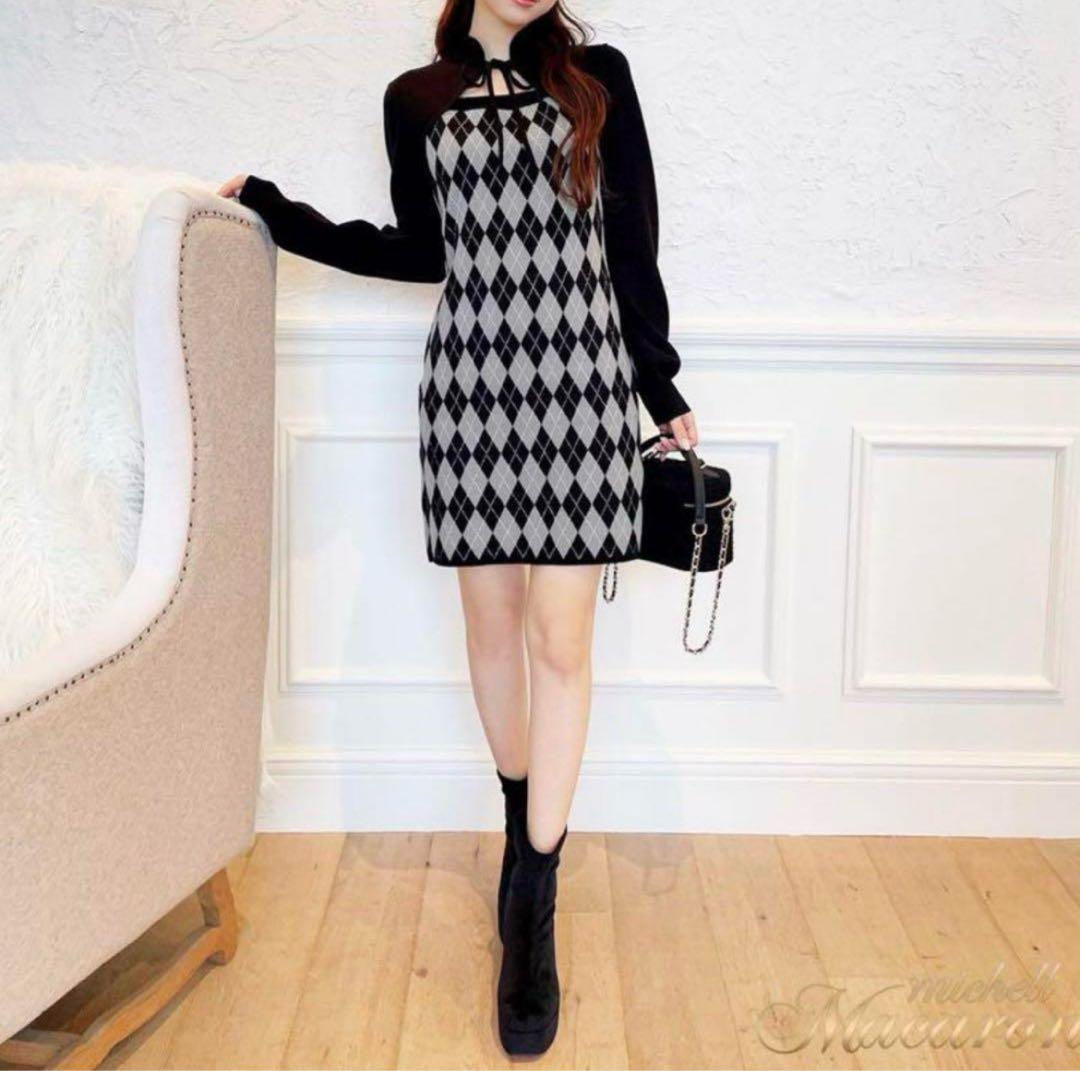 ミシェルマカロン アーガイルニットワンピース - メルカリ