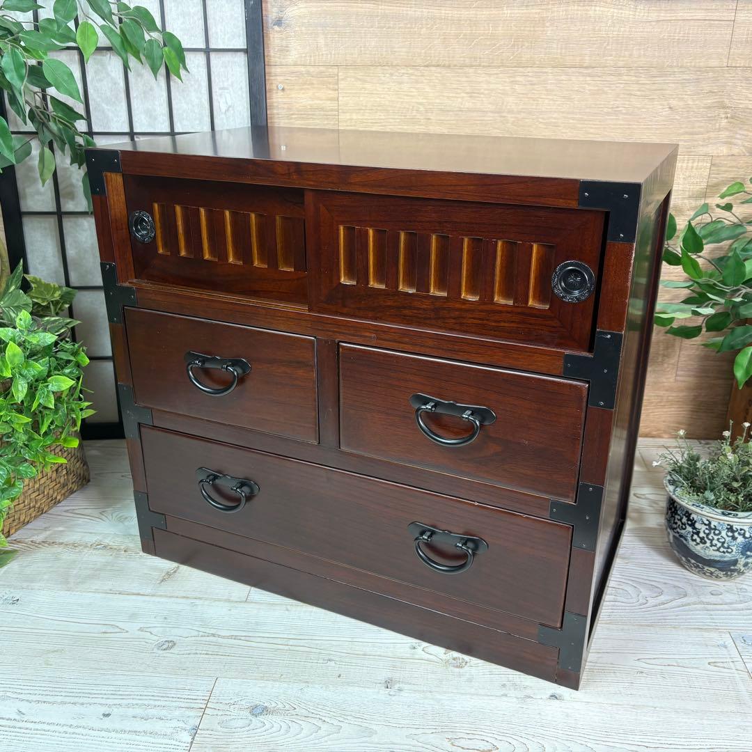 訳あり品！【104】民芸木製桐材天然無垢和箪笥引き戸付き収納家具和タンス飾り棚 送料無料】 民芸調 水屋 和タンス 収納棚 引き戸 扉付き 和風 天然木