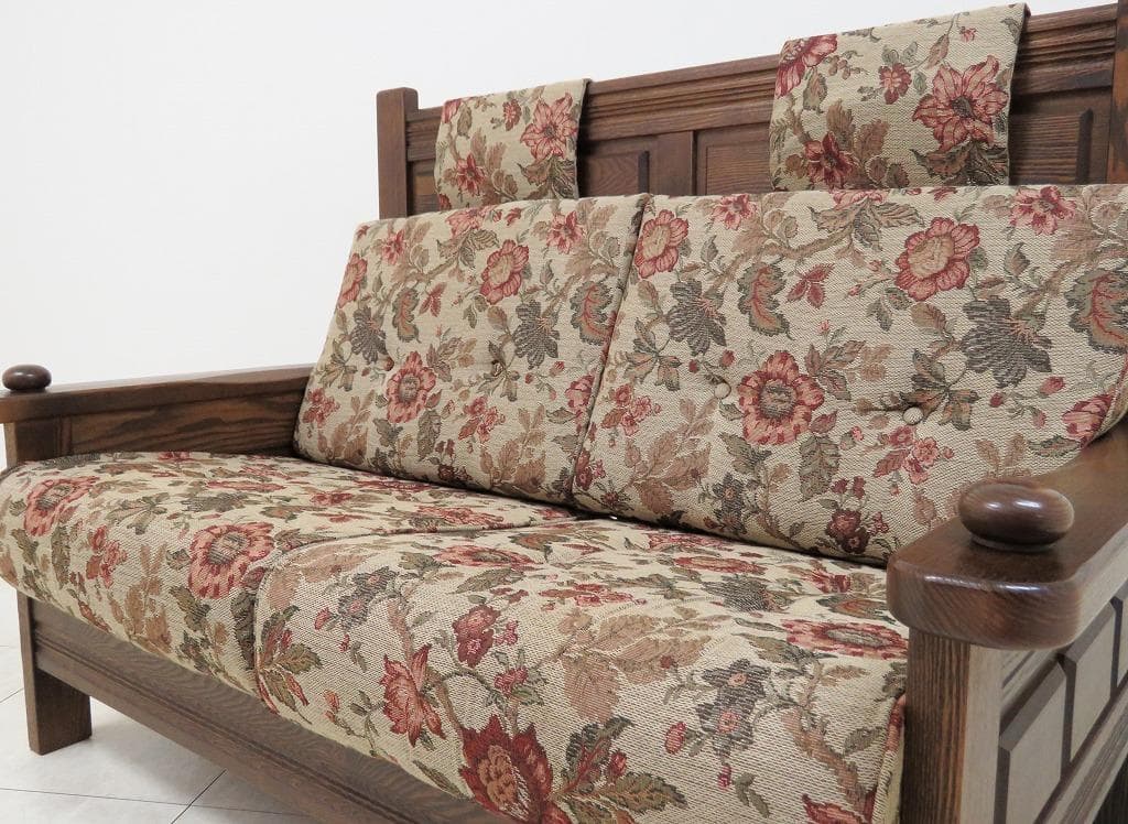 葉山ガーデン 2人掛けソファ オーク無垢材 花柄 ファブリック 検三越