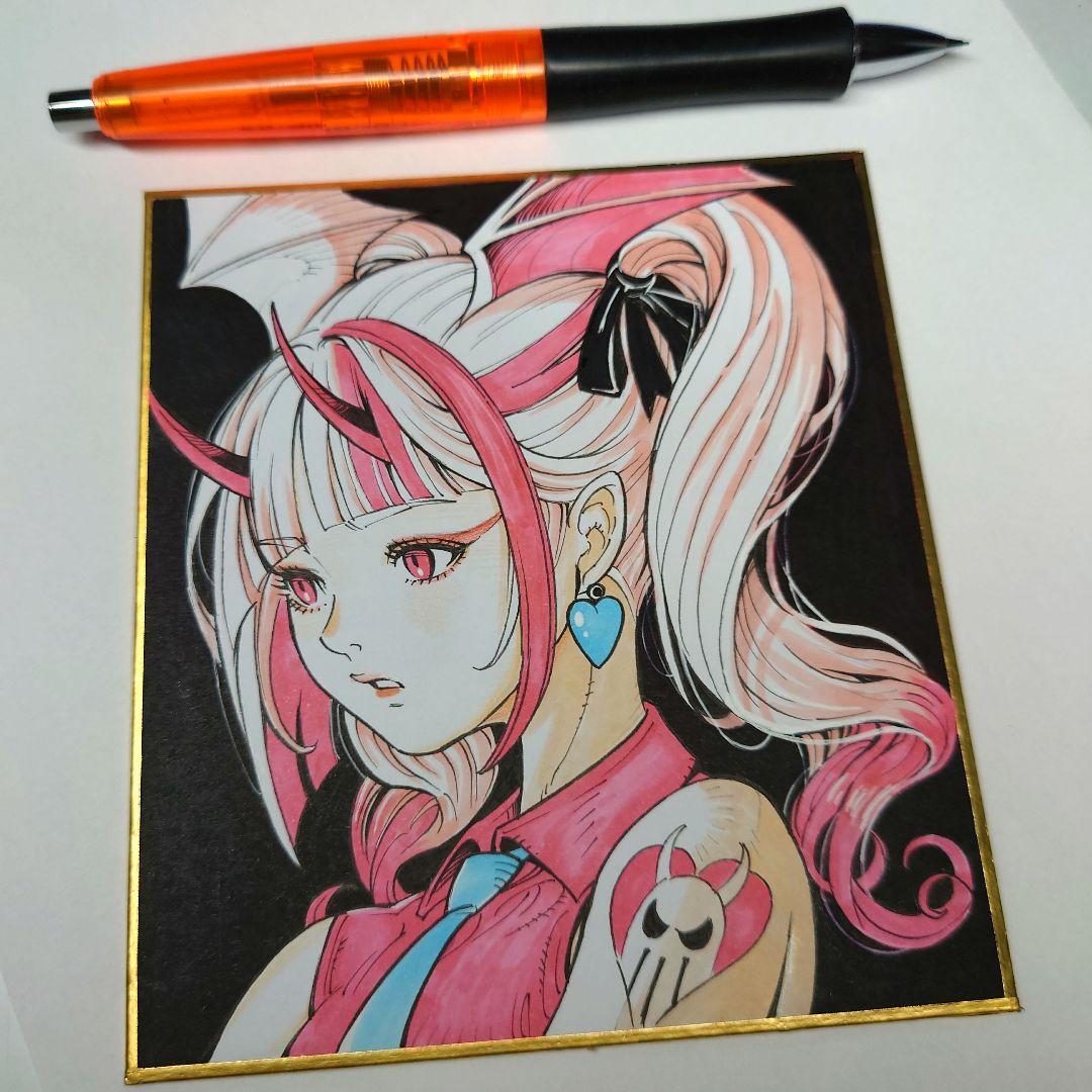 手描きイラスト 094】オリジナル原画色紙美人画コピック「白い悪魔