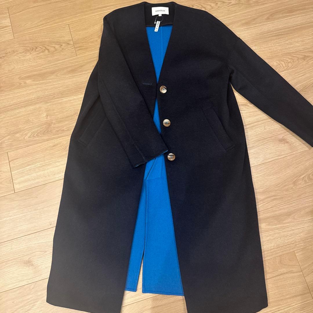 ENFÖLD ネイビー ロングコート 36 ENFOLD エンフォルド ウールリバーノーカラーコート 36 S相当 ダーク