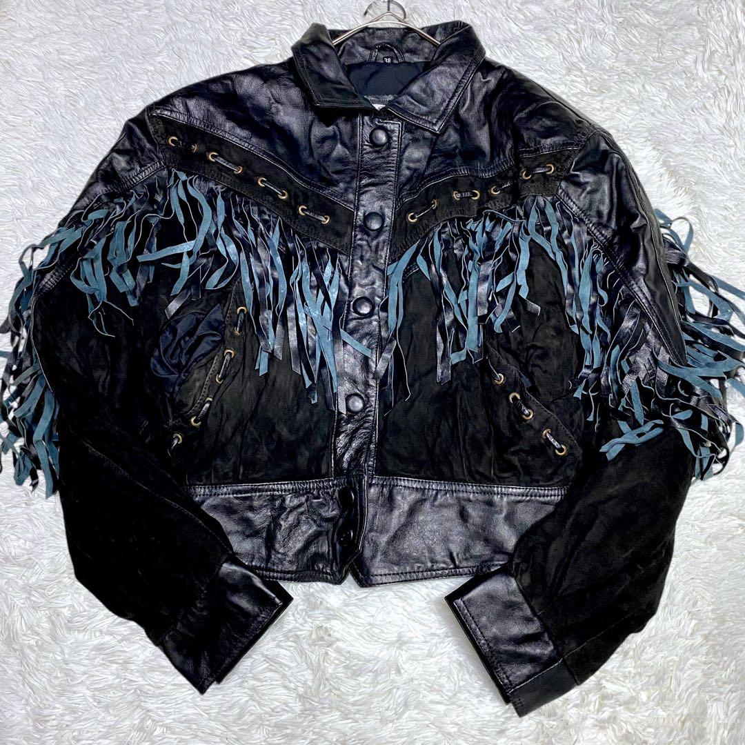 y2k フリンジ レザージャケット ヴィンテージ 本革 ステッチ 異素材 黒 ブラックレザー花柄フリンジジャケット | 古着屋PENNY