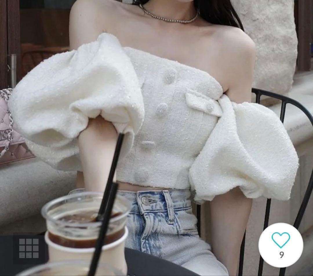 新品未使用 タグ付き Darich パフスリーブオフショルツイードトップス