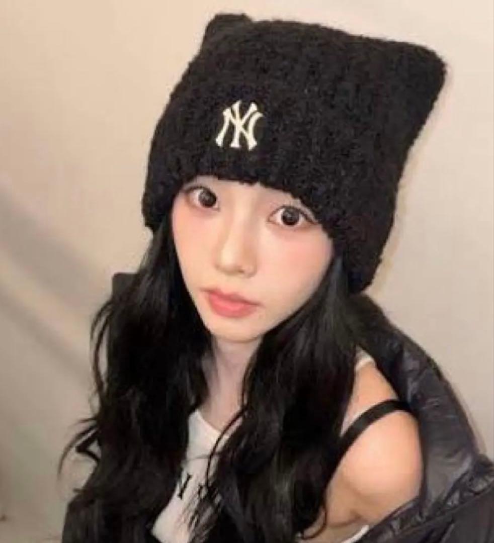 新品】カリナ着用 MLB KOREA 猫耳 ニット帽 ブラック - メルカリ