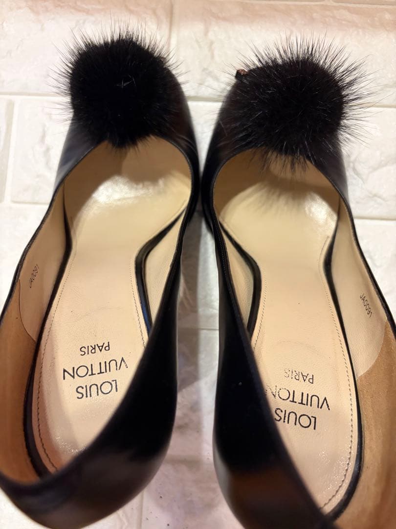 #LOUIS VUITTON ブラック レザーファー装飾ハイヒール#24.5cm