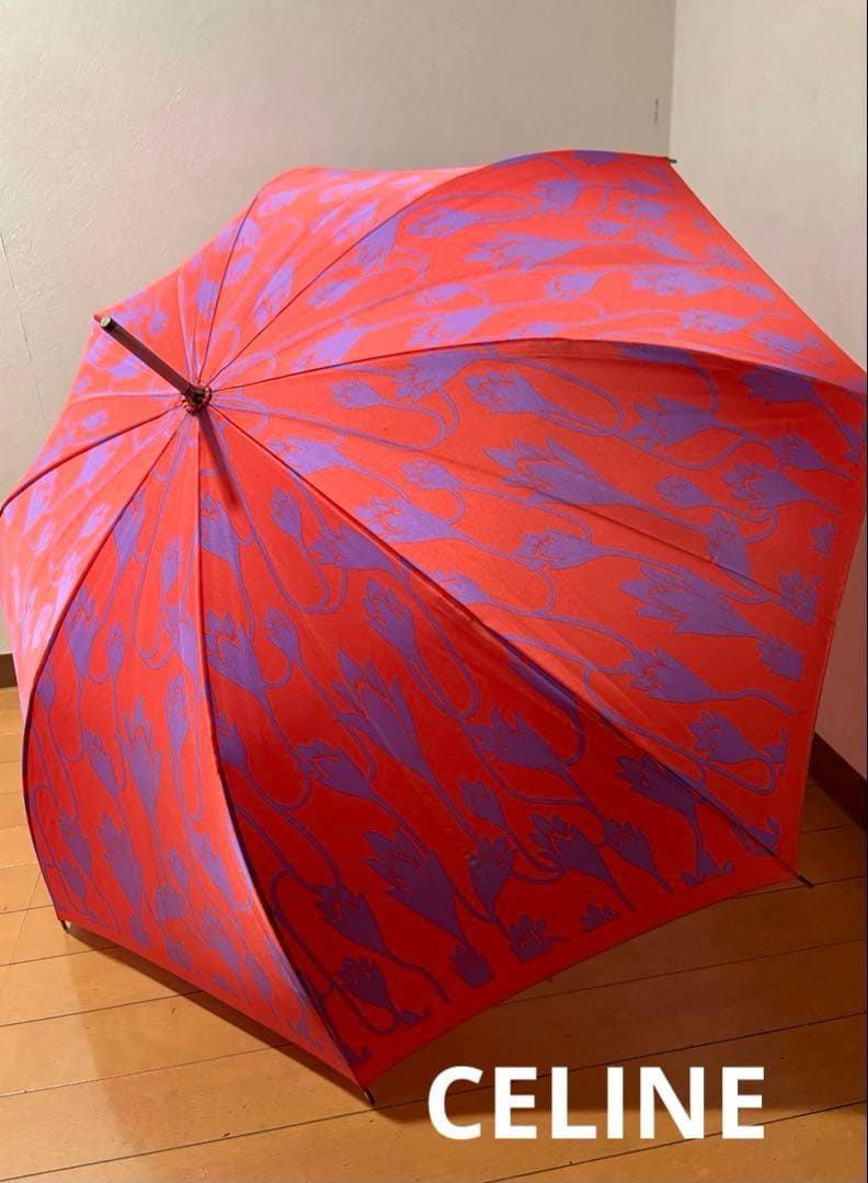 【CELINE】レディース長傘　ローズピンク　パープル花柄　シルバー持ち手 CELINE】レディース長傘 ローズピンク パープル花柄 シルバー持ち手