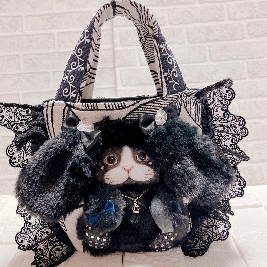 コヤンイサムチョン 黒猫の豪華レース トートバッグ ハンドメイド ゆ*ら様 コヤンイサムチョン☆横長トートバッグ ヒョウ柄&ボアキルト