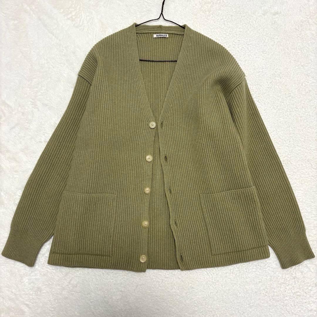 美品 AURALEE リブニットビッグカーディガン L オリーブグリーン AURALEE（オーラリー） 22AW SUPER FINE WOOL RIB KNIT BIG CARDIGAN
