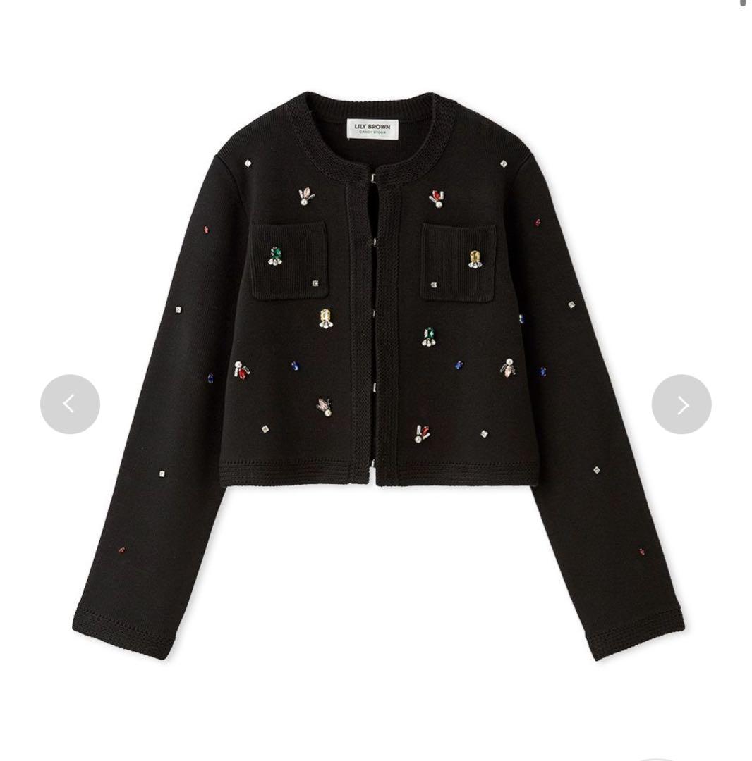 12日まで値下げ　LILY BROWNビーズ装飾付き黒クロップドジャケット 中古・古着通販】Lily Brown (リリーブラウン) カーブヘムクロップド