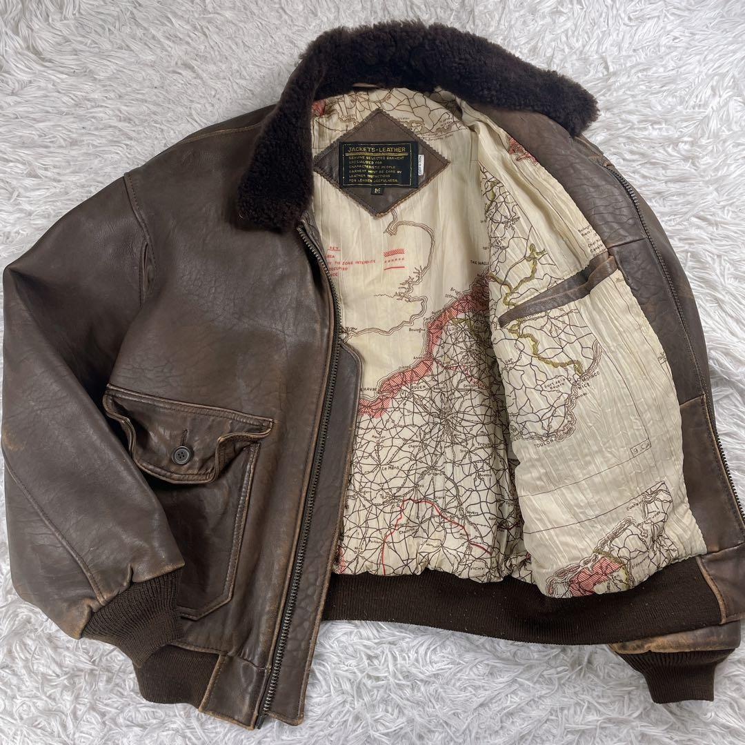 ヴィンテージ G-1 フライトジャケット レザー 羊革 襟ボア 裏地柄 韓国製 ヴィンテージ G-1 レザー フライトジャケット M メンズ 羊革 ライナー