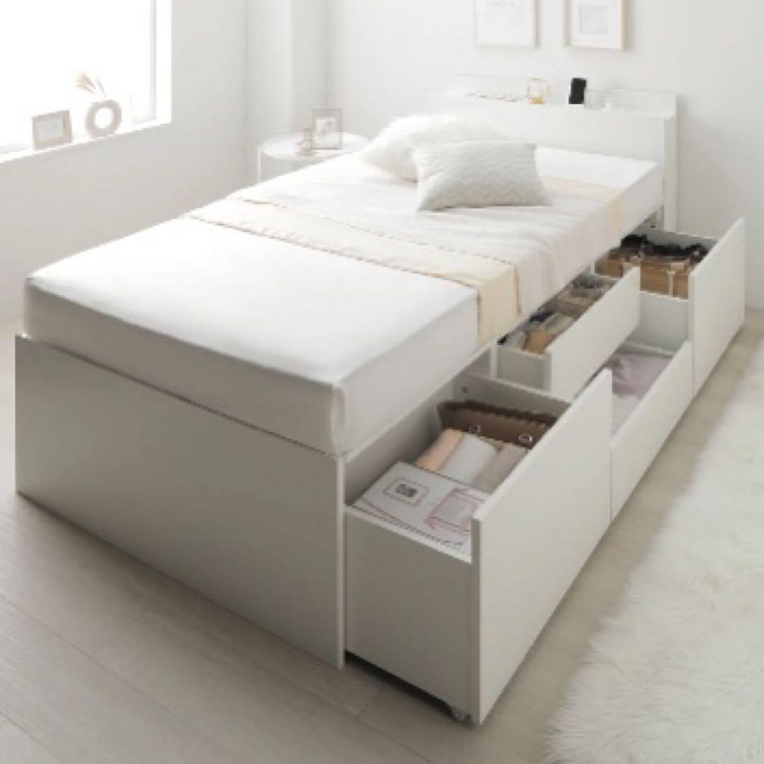 【2/22まで】【引き取り歓迎】ホワイト ベッドフレーム 大容量収納 ストレージトップベッド 収納付きベッド シングル フレーム単品