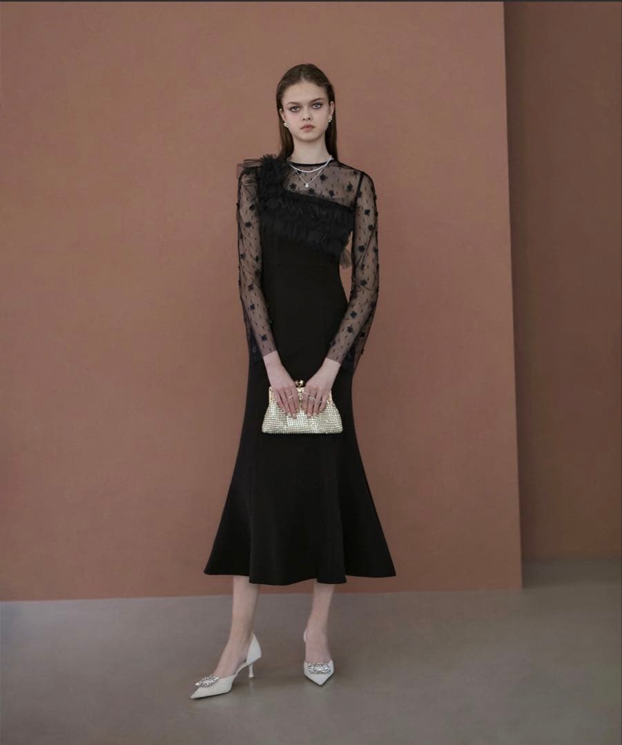 LEJA フラワーモチーフアシンメトリーチュールマーメイドワンピースドレス Leja｜Leja-フラワーモチーフアシンメトリーチュールマーメイド