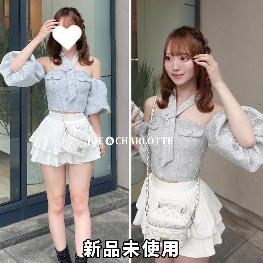 ダーリッチ darich ホルターネックオフショルツイードトップス サックス