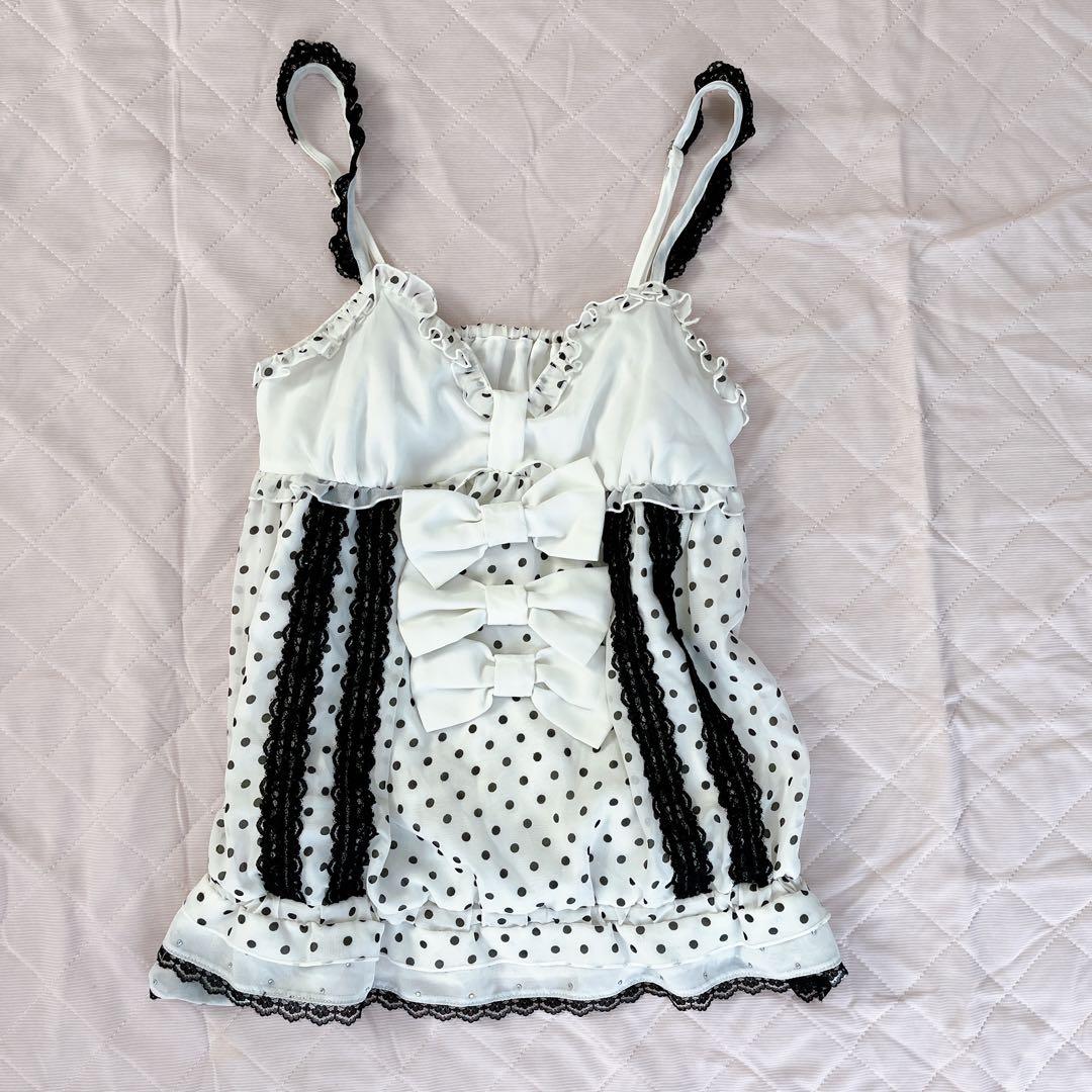 トゥララ ホワイトリボン レースフリルドット柄 キャミソール リズリサ系 トゥララ ホワイトリボン レースフリルドット柄 キャミソール リズリサ