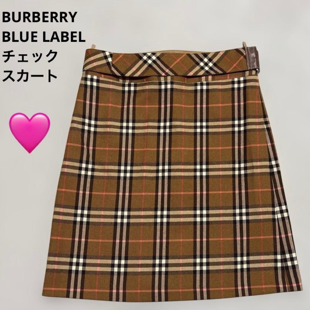 バーバリーブルーレーベル スカート ひざ丈 ノバチェック 革ベルト M