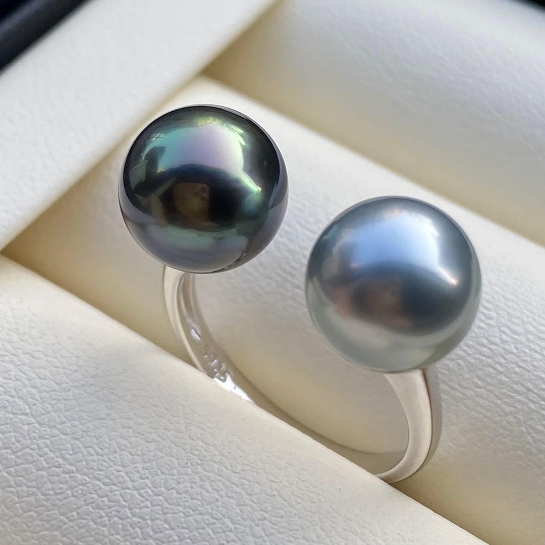 本真珠 南洋黒蝶真珠ダブルリング 9.3&9.1mmピーコックグリーンL1264