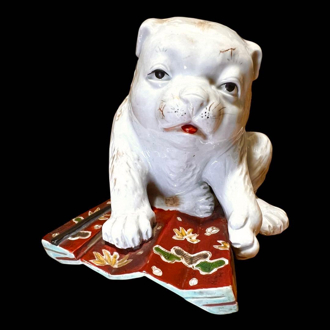 《古美術》陶器製 江戸期 古九谷 白磁扇子台座乗り金彩模様狛犬 箱付