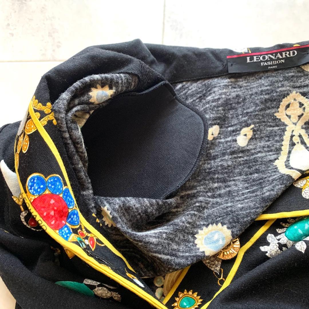 レオナール ベルト 膝丈ワンピース 宝石 ウールシルク 襟 トリム 金