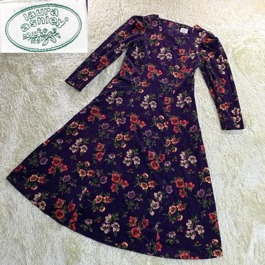 ローラアシュレイ 長袖ロングワンピース ベロア 花柄 パフスリーブ Aライン 紫 ローラアシュレイ ベロア シルク混 ロング ワンピース ドレス 紺 紫