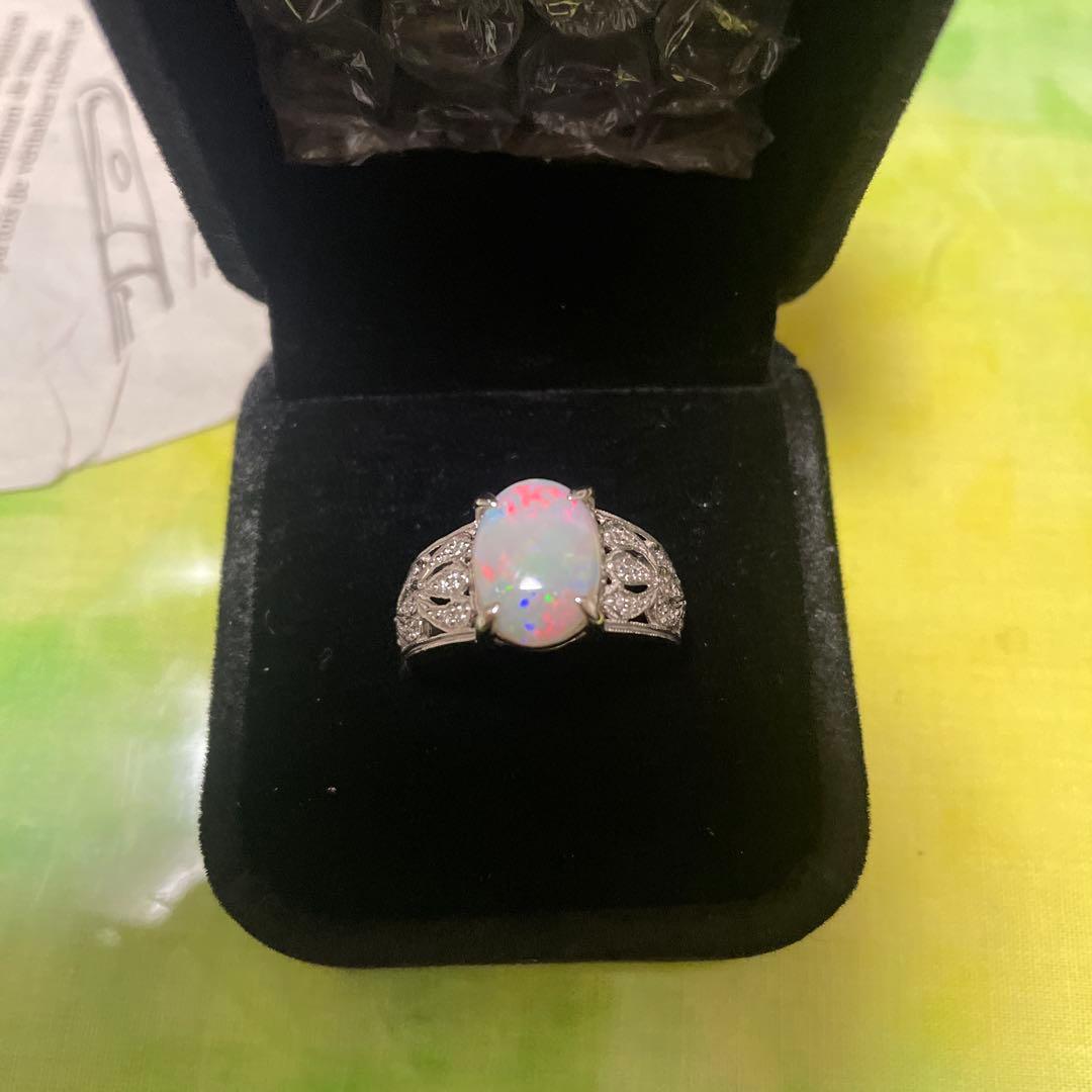 オパールプラチナ900 ダイヤモンド0.17 オパール2.20 8g オパールリング 指輪 Pt900/プラチナ900 天然ブラックオパール 2.89ct