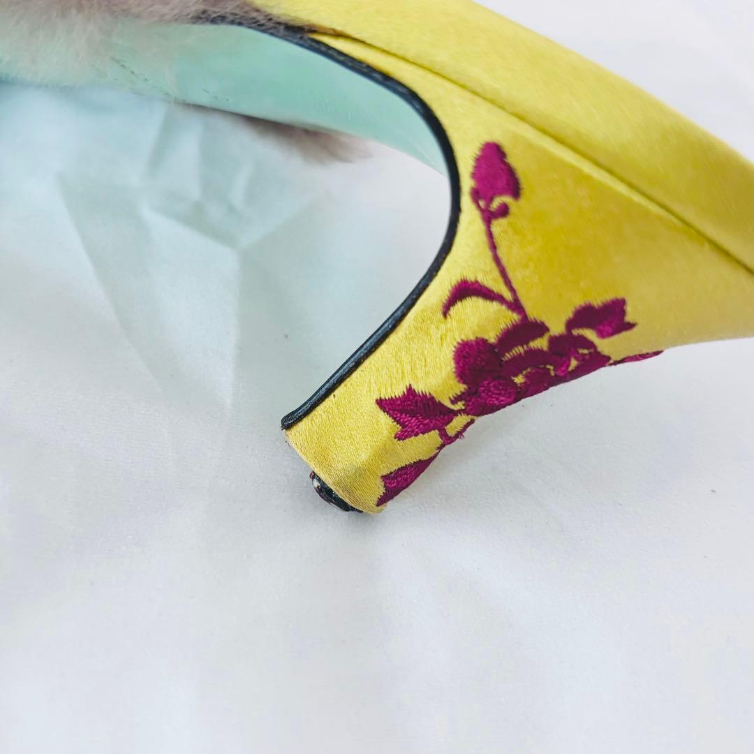 ポールスミス×エマホープ コラボ ミュール 37 刺繍 ファー サテン イエロー