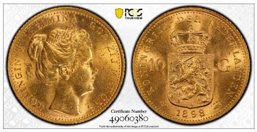 少女期《ウィルヘルミナ金貨 オランダ》1898年:高鑑定 MS62：超稀少！
