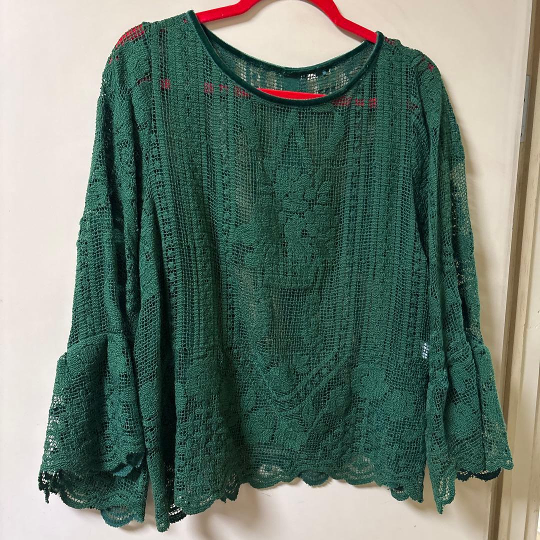 ミュベール　グリーン レース フレアスリーブ シャツ ミュベール グリーン レース フレアスリーブ シャツ