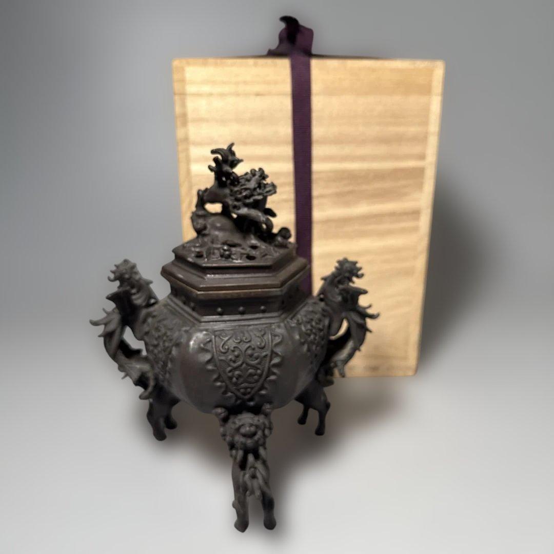 二上常太郎 元威作 蝋型鋳銅 細密細工 鳳凰耳牡丹